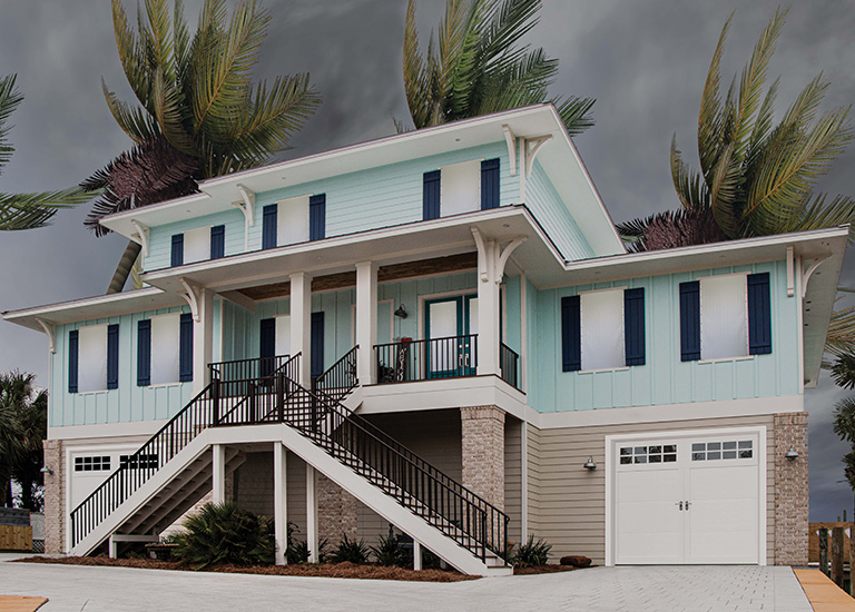 wind load garage door with stormy skies