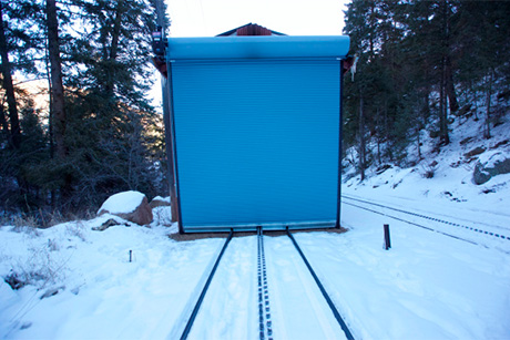 blue rolling door on container at Pikes Peak