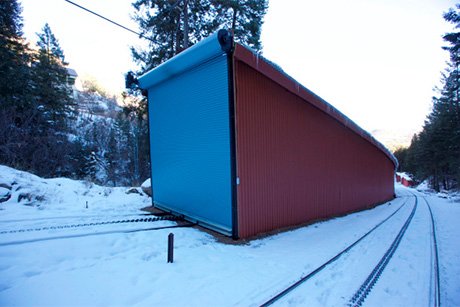 blue rolling door on container at Pikes Peak