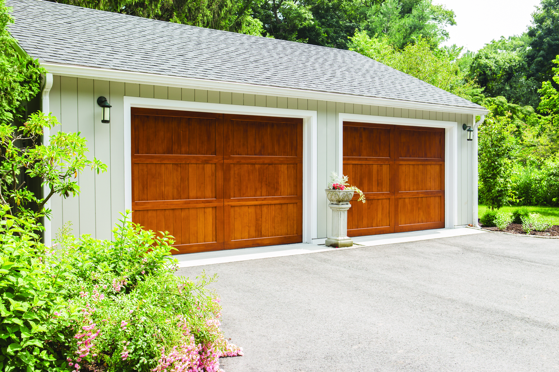 garage with two Wayne Dalton wood garage doors RD 7000