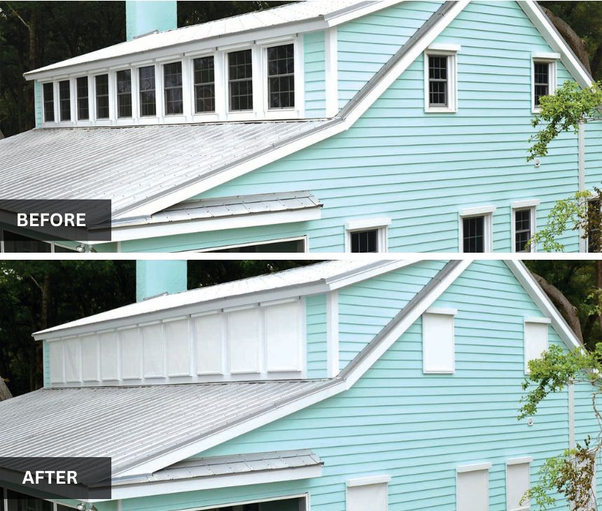 before and after images of home with fabric shield storm protection installed