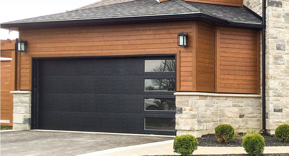 Contemporary Panel Steel Garage Door with Black Paint Finish and Clear 3 Vertical Windows