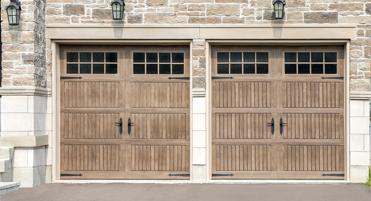 clay fiberglass garage doors with 16 square windows and black hardware