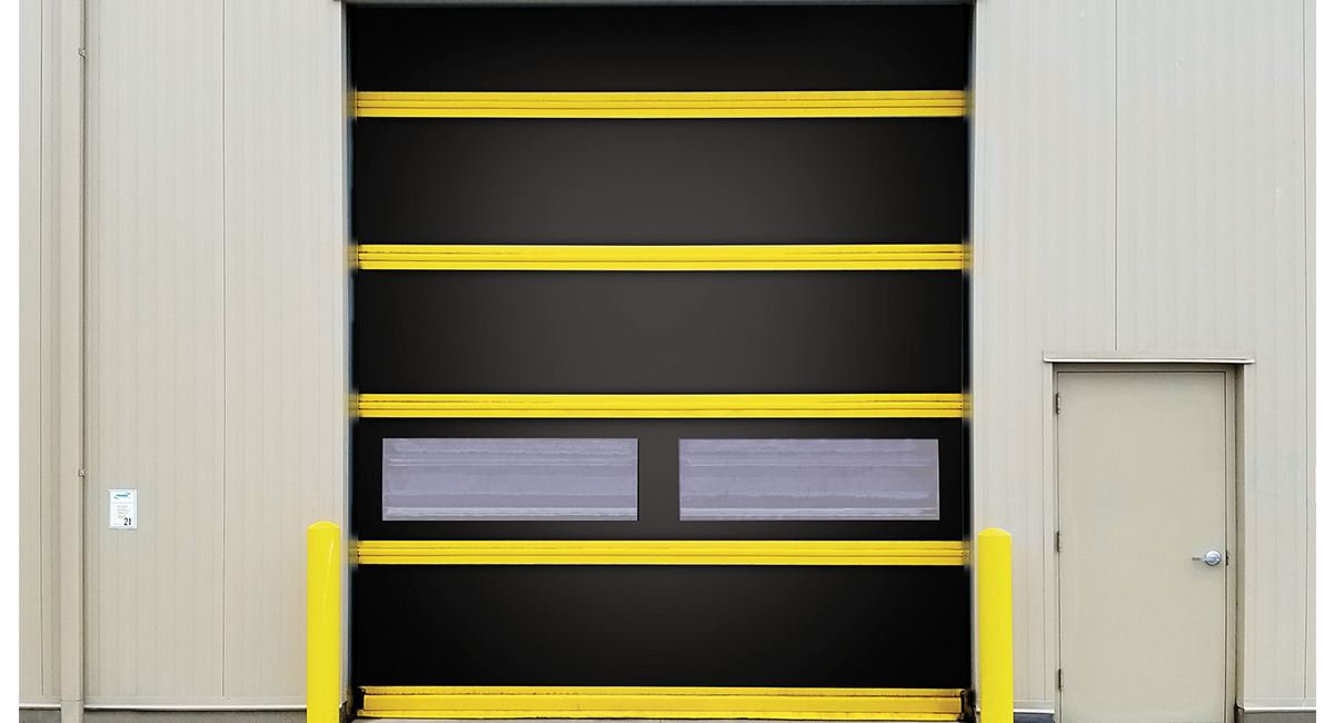 black commercial fabric door with windows