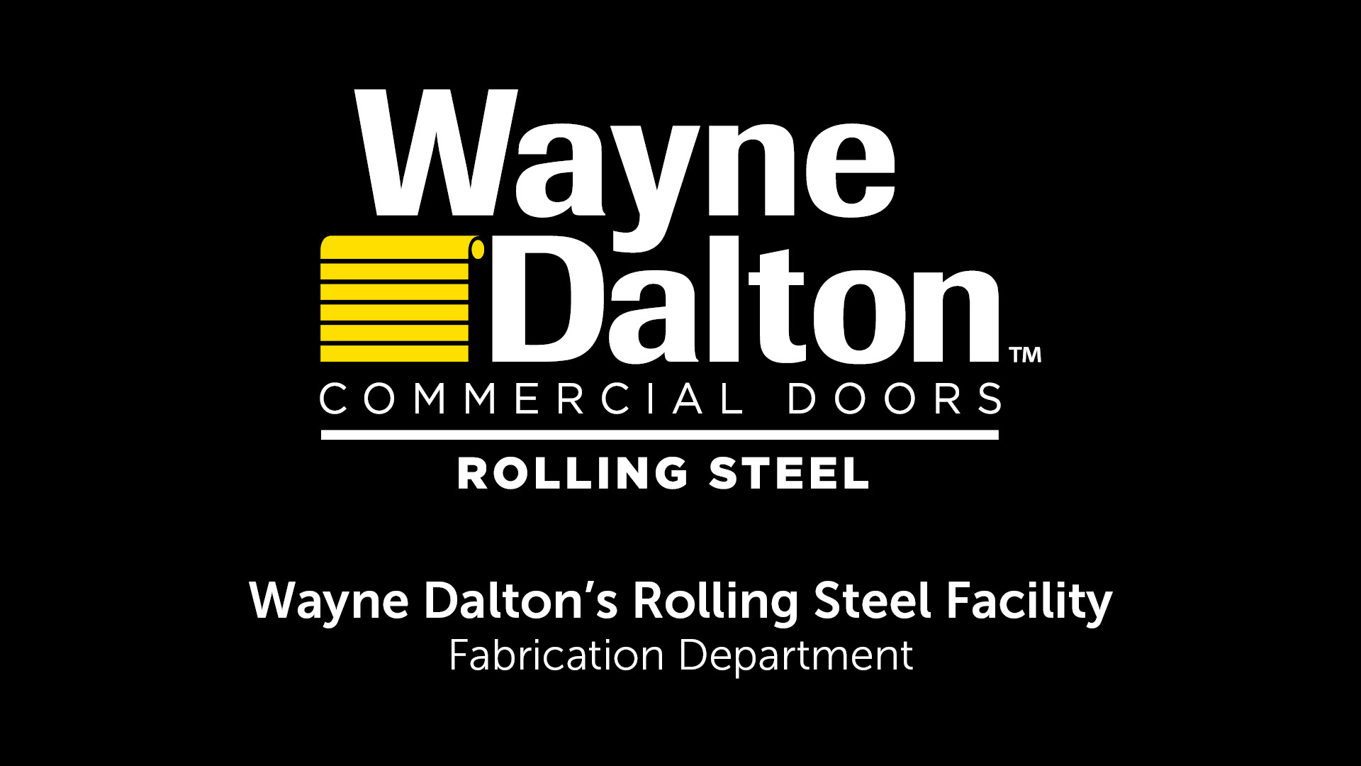 black rolling steel facility video thumbnail with wayne dalton's commercial door logo