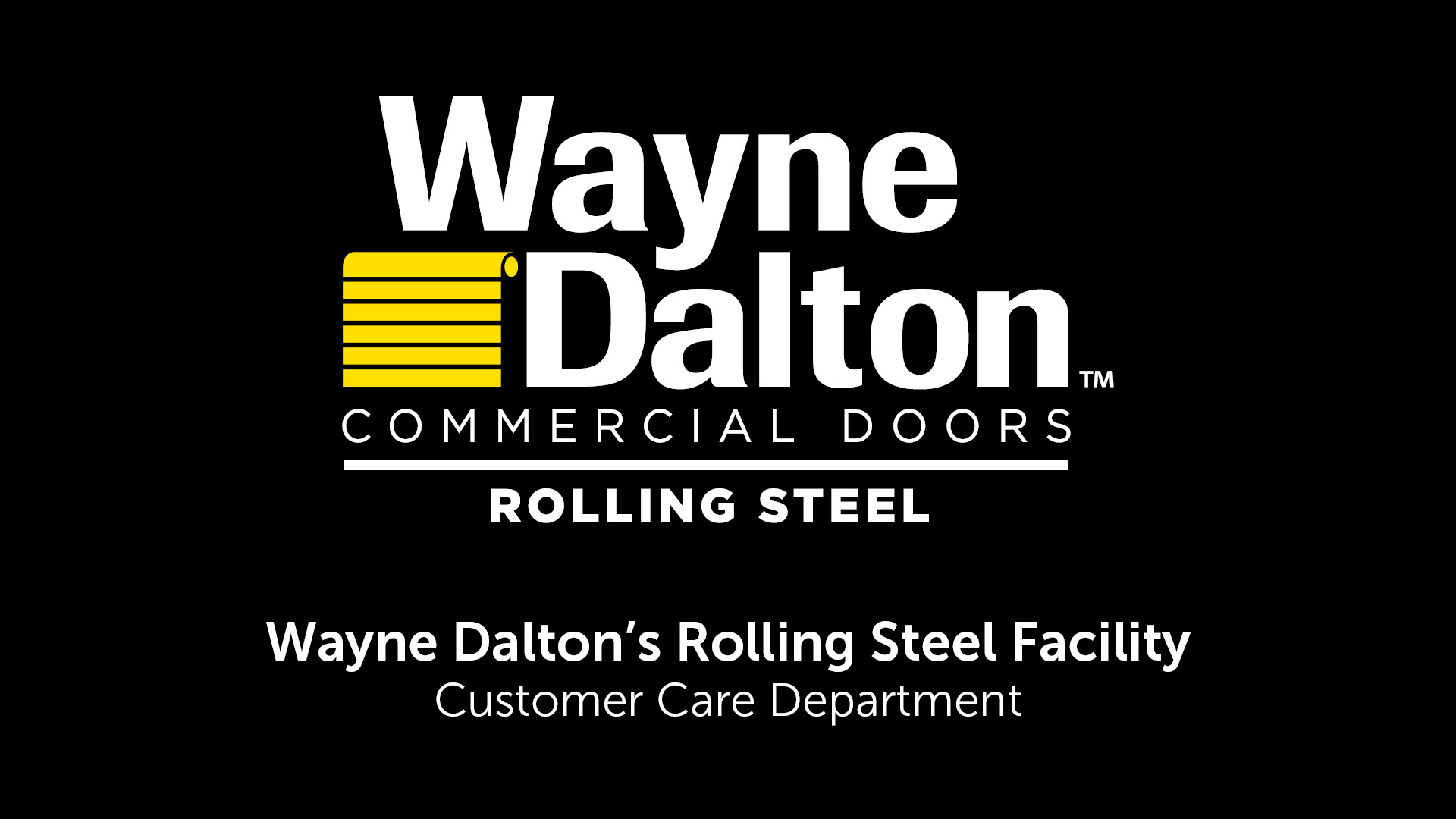 black customer care department video thumbnail with wayne dalton commercial doors logo