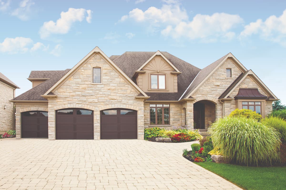 Wayne Dalton 8670 Westfield Walnut Plain Window Arch garage doors