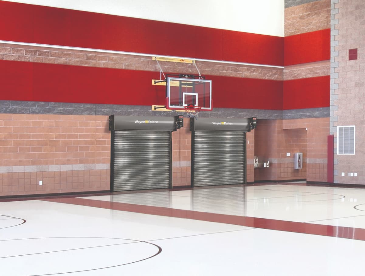 Wayne Dalton 800F rolling storm shelter doors in gym