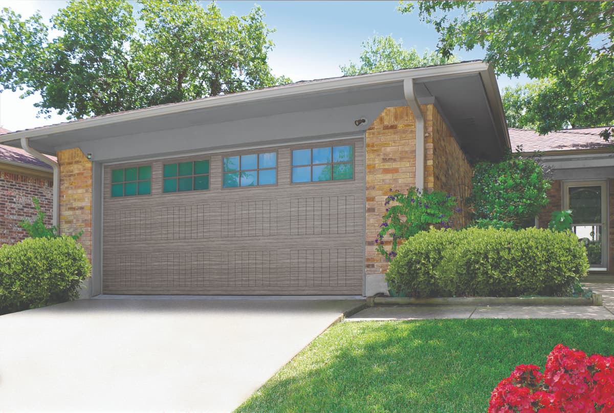 Wayne Dalton 8310 Ridgefield Terra bronze grey garage door with modern home exterior
