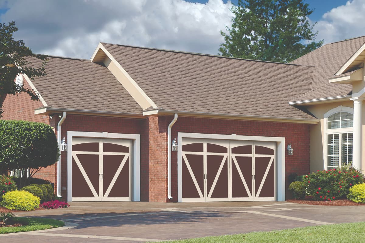 Wayne Dalton 8600 bellview arch brown garage doors with brick home exterior