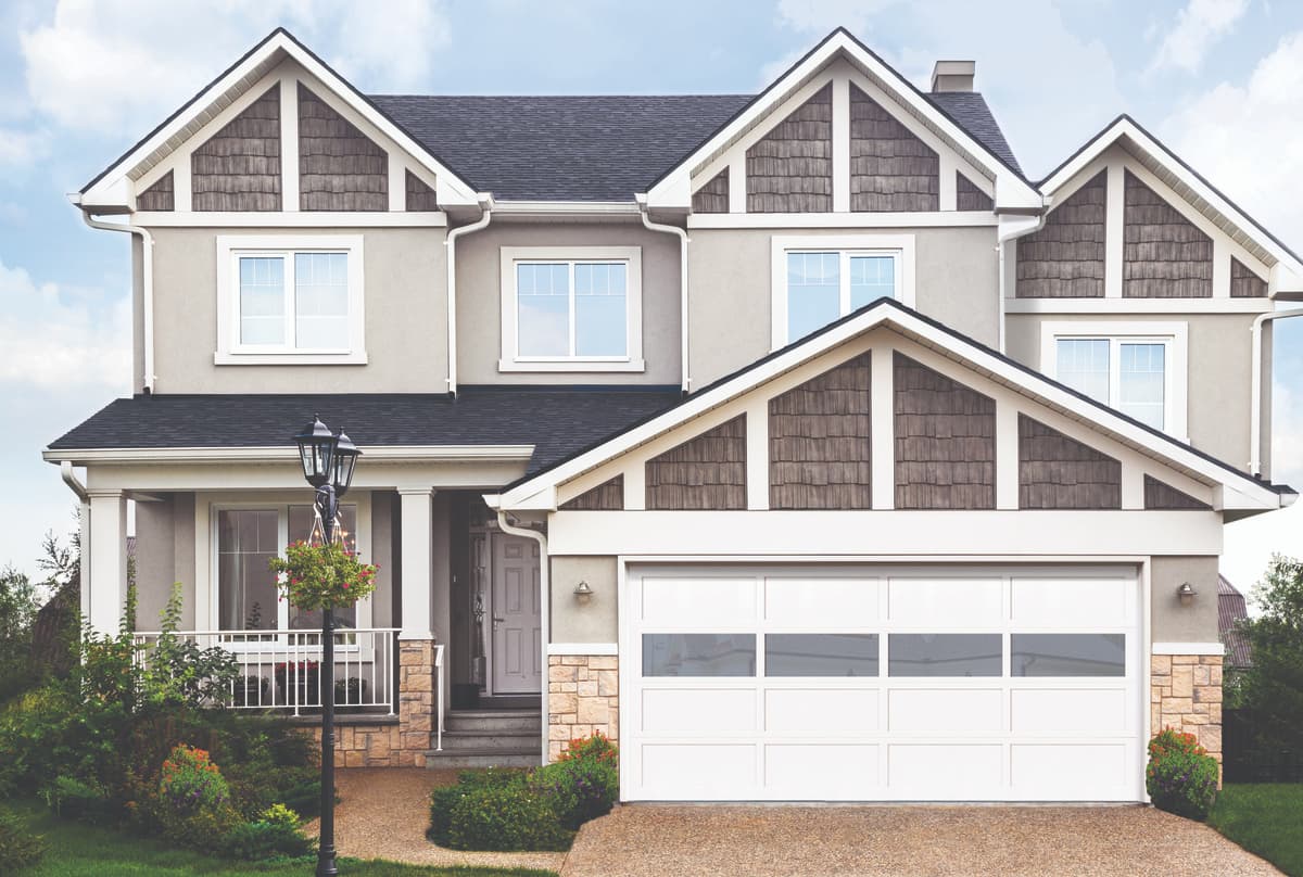 Wayne Dalton Model 100 white wood garage door with long panel window